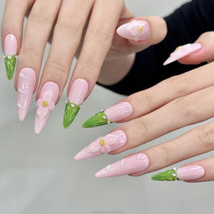 Faux ongles à presser, longs, <span class=keywords><strong>vert</strong></span> clair rose, avec fleurs sculptées en 3D et petits diamants, forme goutte <span class=keywords><strong>d</strong></span>'<span class=keywords><strong>eau</strong></span> - Product Image 1