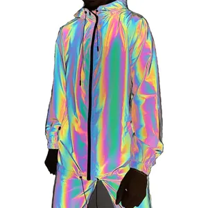 Wholesale Fashion Men's Windbreaker Coat Dark Grey Zipper Petrol Shiny Reflective Polyester Hooded Lined Jacket