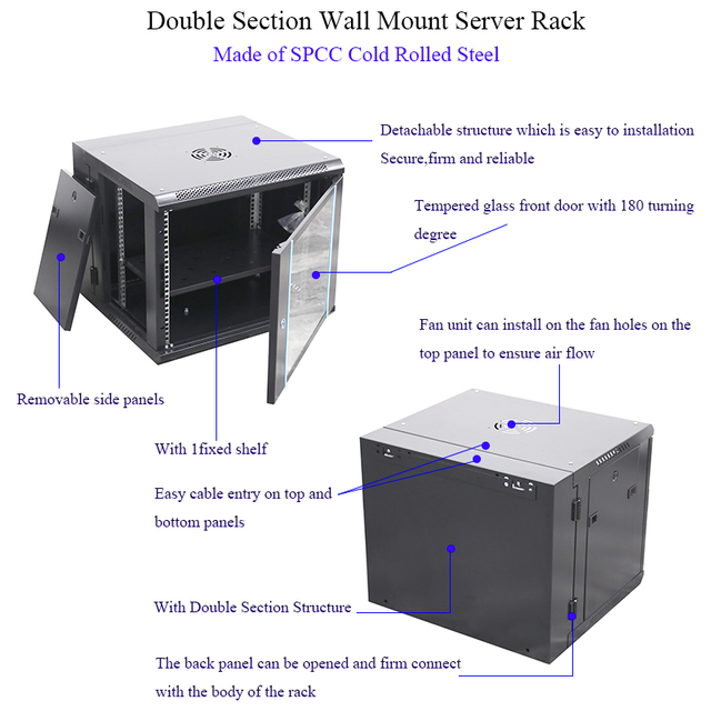 19in Double Section Wall Mount Network Rack Cabinet Enclosure CCTV IP20 SPCC Steel CE ROHS Certified