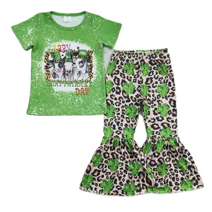 Rts Groothandel Baby Meisjes St Patrick Dag Groene Koe T-Shirts Tops Bell Bottom Broek Mode Kinderen Boetiek Outfits Kleding