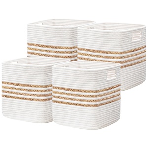 Paniers de rangement en jacinthe d'eau pour étagères, jouets, paniers de rangement avec poignées, paniers tissés en corde de coton pour l'organisation, blanc - Product Image 1