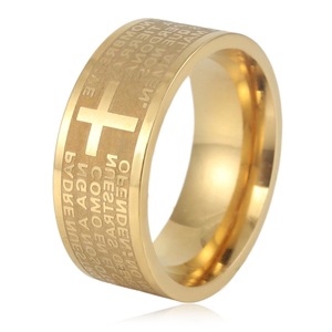 yunnique Men's <b>Titanium</b> Steel <b>Ring</b> Gold Cross Design Spanish Script Jewelry Gift - Product Image 1