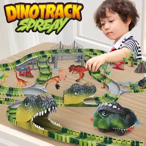 新款魔术攀爬电动恐龙车轨道铁路玩具车套装弯曲柔性赛道闪光灯车高品质玩具