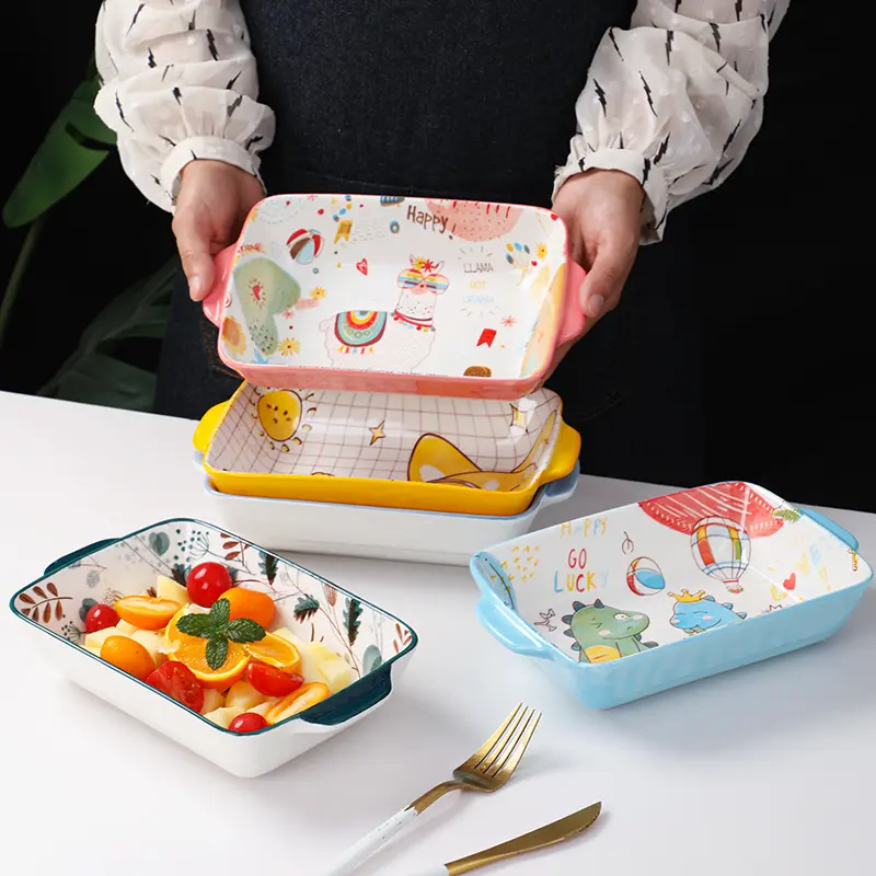 Cute kids cartoon colorful macaron pink printed blue small square teglia da forno in ceramica