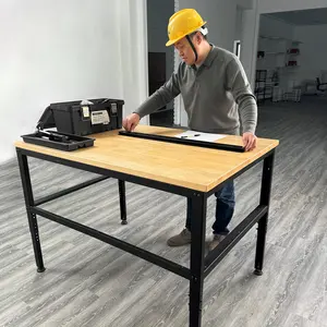 52" Height Adjustable Work Table Garage Workshop Working Table Mechanical Workstation Rubber Wood Top Workbench