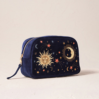 Sac de maquillage en velours brodé motif soleil, lune et étoiles, bleu marine, de haute qualité, très vendu