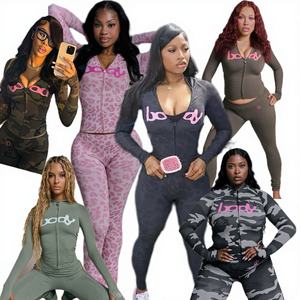 C1036 Jaket Hoodie dan Celana Olahraga Kasual Bermotif Huruf, Set Dua Potong Fashion Olahraga untuk Wanita - Product Image 1
