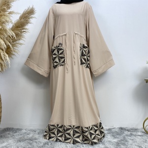 6402# Fashion Simplicity Nida <b>Fabric</b> With Small <b>Sequins</b> Tassel Front Pockets Casual Hidden Belt Crew Neck Muslim Dress - Product Image 3