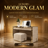 Table de maquillage moderne de luxe en cuir avec miroir éclairé par LED et tiroirs de rangement, coiffeuse avec tabouret pour chambre à coucher