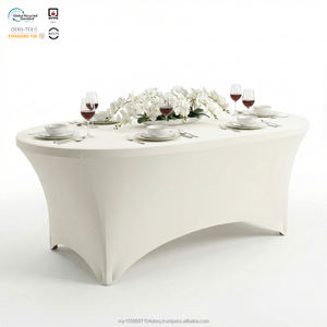 Funda de Mesa Ajustable Elástica Moderna, Impermeable, de Spandex Azul Marino de 8 pies, con Parte Trasera Abierta, para Conferencias Corporativas - Product Image 1