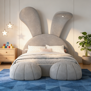 Cama Infantil Tapizada con Forma de Conejo, Muebles Infantiles para Dormitorio con Otomanas y Luz de Lectura - Product Image 3