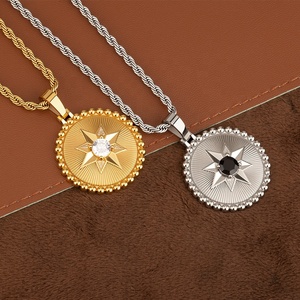 Vintage Style 18K Gold Plated Stainless Steel Texture Clear Zircon Sun Sunflower <strong>Coin</strong> Pendant <strong>Necklace</strong> for Women - Product Image 2