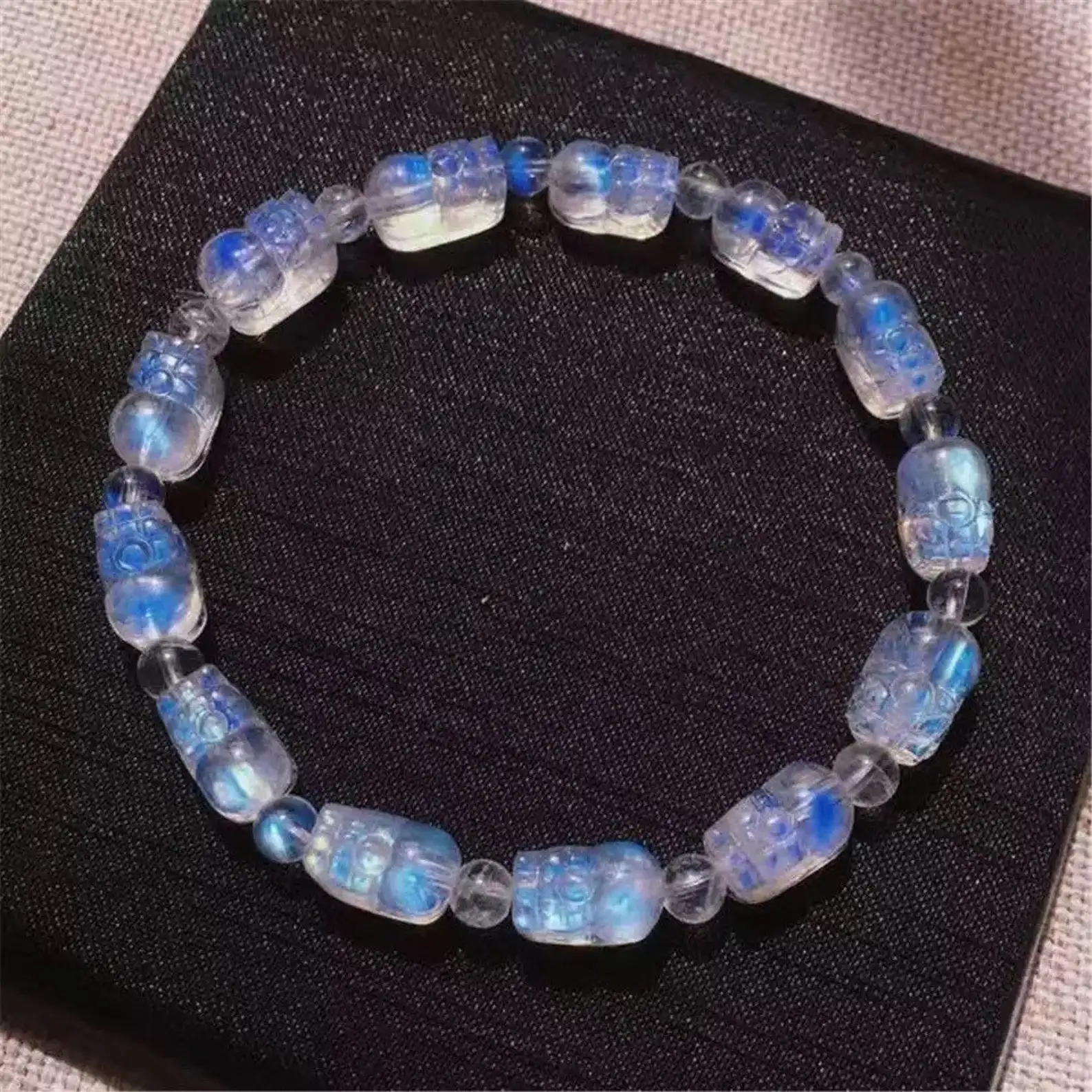 Luxury Natural Healing Quartz Blue Moonstone Hand-carved Cute PIXIU Feng Shui Charm Bracelet Lady Men Love Jewelry Gift
