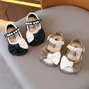 Chaussures de créateurs en cuir pour enfants, avec nœud et perles, chaussures de princesse à semelle souple pour bébés filles - Product Image 3