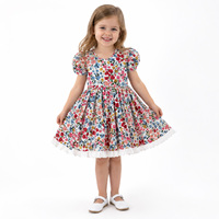 Robe à manches courtes bouffantes pour petites filles, imprimé floral, avec ourlet en dentelle à œillets, robe de soirée d'été décontractée pour enfants