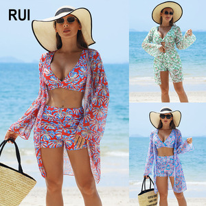 Conjunto de Bikini Floral de 3 Piezas para Mujer RUIQUWIN, Espalda de Malla con Escote Profundo en V, Manga Larga, Cintura Alta, Ecológico, de Secado Rápido - Product Image 1