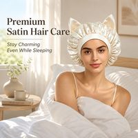 Nouvel Arrivage Bonnet de Nuit en Soie et Satin à Oreilles de Chat, Couleur Unie, avec Bande Élastique Large, pour Soin des Cheveux