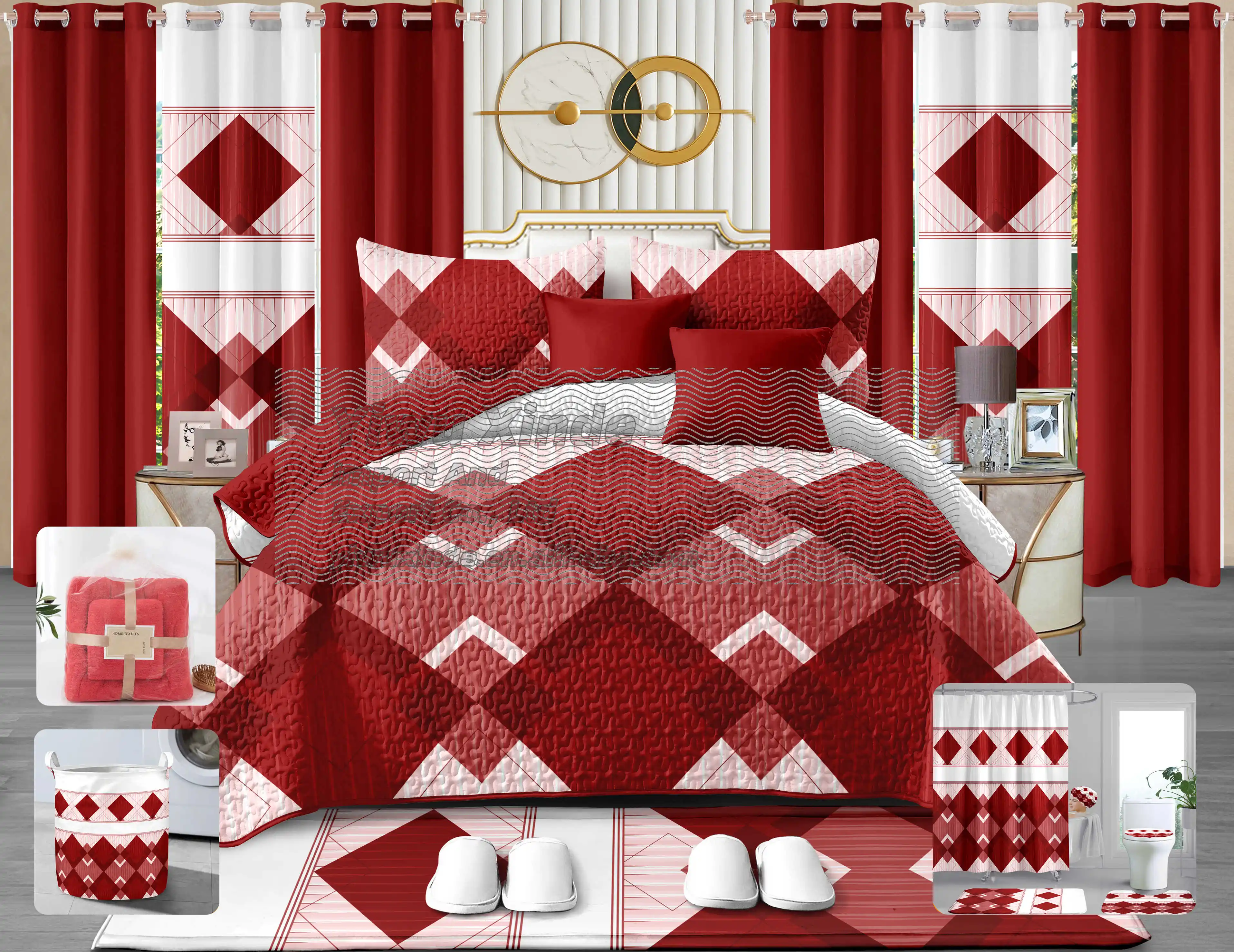 High quality 26pieces bedspread set with curtains king Cobertores de 26 piezas disponibles quilts bedding set and bathroom set