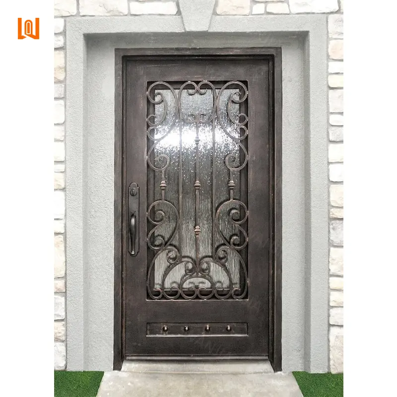 Mayorista personalización antirrobo entrada seguridad puerta de hierro forjado puerta de una sola puerta entrada frontal puerta abatible de hierro forjado
