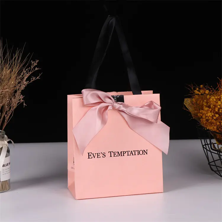 Logo stampato personalizzato rosa mini piccolo sacchetto di carta di lusso fancy favor sacchetto regalo di carta per porta di nozze con manici a nastro