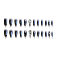 Faux ongles à presser Stiletto Noir Scintillant Glamour, dégradé noir et argent avec grands strass, en acrylique, pour soirées