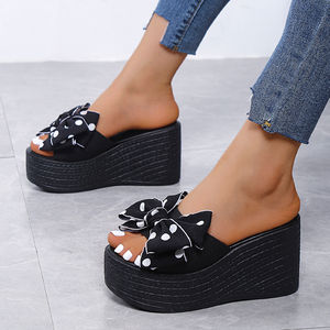 Zapatillas de tacón de cuña para mujer, versión coreana, con lazo de mariposa y flor, tacones altos, modelo A-1, zapatos de mujer que aumentan la altura, zapatillas modernas - Product Image 2