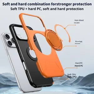 Nouvelle <span class=keywords><strong>coque</strong></span> de téléphone métallique transfrontalière compatible avec le 17 <span class=keywords><strong>Pro</strong></span> Max, antichoc, magnétique, support rotatif à 360°, amortissement invisible - Product Image 4