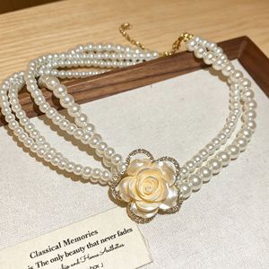 Multi Layered Camellia Pearl Necklace White AAA Grade Flower Design Women's Clavicle Chain Everyday Wear - Product Image 1