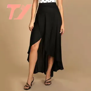 TUOYI Retro Solid Color A-line Pleated Skirt Summer Women's Casual Skirt Elegant Side Slit Drawstring Straight Midi Skirt