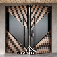 Porte d'entrée double en bois rainuré moderne de luxe avec lattes verticales, porte principale extérieure avec serrure intelligente pour villa