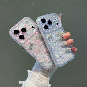 เคสโทรศัพท์ใสประดับโบว์วิบวับหรูหรา ประดับด้วยเพชรและกลิตเตอร์ สำหรับ iPhone 14 15 16 17 18 Pro Max สำหรับสุภาพสตรี - Product Image 5