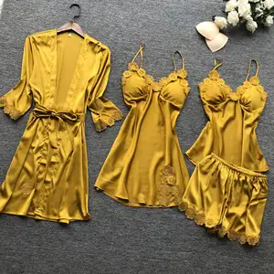 Produk ritel baru laris 4 buah Set piyama sutra baju tidur piyama Label pribadi mewah wanita Set piyama sutra