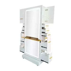 Hair Salon Furniture <b>Makeup</b> <b>Mirror</b> Double Sided Gold Stainless Steel Hairdressing Barber <b>Mirror</b> Styling Station with LED - Product Image 5