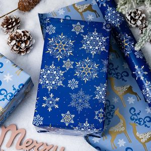 MAYPLUSS Christmas <b>Wrapping</b> <b>Paper</b> 17in X 33ft Navy Blue Snowflake Reversible Gold Reindeer Gift Wrap - Product Image 4