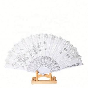 QYL Spanish Folding Fan Vintage Handheld Fan Traditional Retro Pattern Fabric <b>Plastic</b> <b>Frame</b> for Wedding Dancing Party (White) - Product Image 1