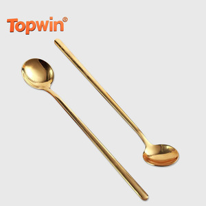 Cuchara Pequeña Redonda de Acero Inoxidable Estilo Coreano para Café, Leche, Té, Helado, Postre, con Mango Largo Dorado - Product Image 1