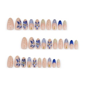 30 faux ongles amande vintage français bleus et blancs à fleurs, amovibles, à presser, pour la maison, le salon, et les fournitures de manucure DIY - Product Image 3
