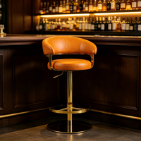 Tabouret de bar contemporain en cuir PU cognac, pivotant, réglable en hauteur, avec base dorée pour chaises de comptoir de cuisine