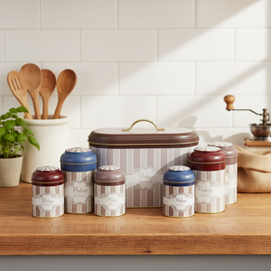 7 Pcs Round Tin <b>Box</b> Kitchen <b>Set</b> Dome Lid Elegance Elegance Design - Product Image 3