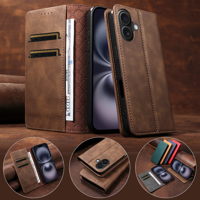 Calf Texture Leather Wallet Case with Card Holder Magnetic Flip Shockproof Cover for iPhone 17 Pro Max 16 Plus Phone Shell