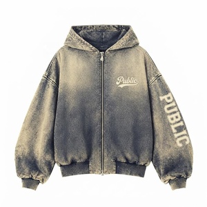 Custom Screen Print Dirty <b>Wash</b> Men Oversized Hoodie Streetwear Acid Washed Heavyweight Flat Embroidery Hooded Zip-Up Sweatshirt - Product Image 1