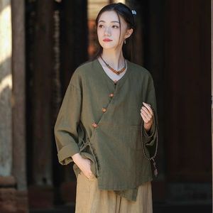 Women's Cotton Linen Shirt V-Neck Wrap Tie Long Sleeve Chinese Zen Style Top Maben Dark Green Everyday Wear - Product Image 1