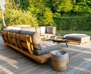 Meubles modernes en bois de teck avec coussins, ensemble de canapés, jardin, patio, hôtel, canapé d'extérieur sectionnel