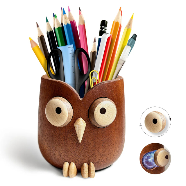 Cute Owl Pen Holder for Desk, Funny Wooden Pencil Holder With Magnetic Rotating Eyes, Ebony Solid Wood Hollow Design