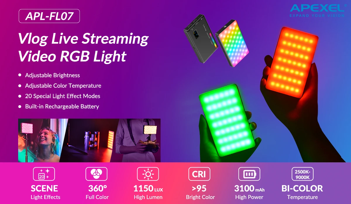 Apexel FL07 RGB LED Light Kit CRI95+ Dimmable Pocket  for Photography Vlogging