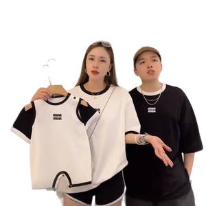 T-shirt Casual in Cotone 100% Lavorato a Maglia con Motivo a Lettere, Eco-friendly, Vestibilità Ampia, Manica Corta per Coppie, Uomini, Donne, Famiglia, 240 Grammi - Product Image 5