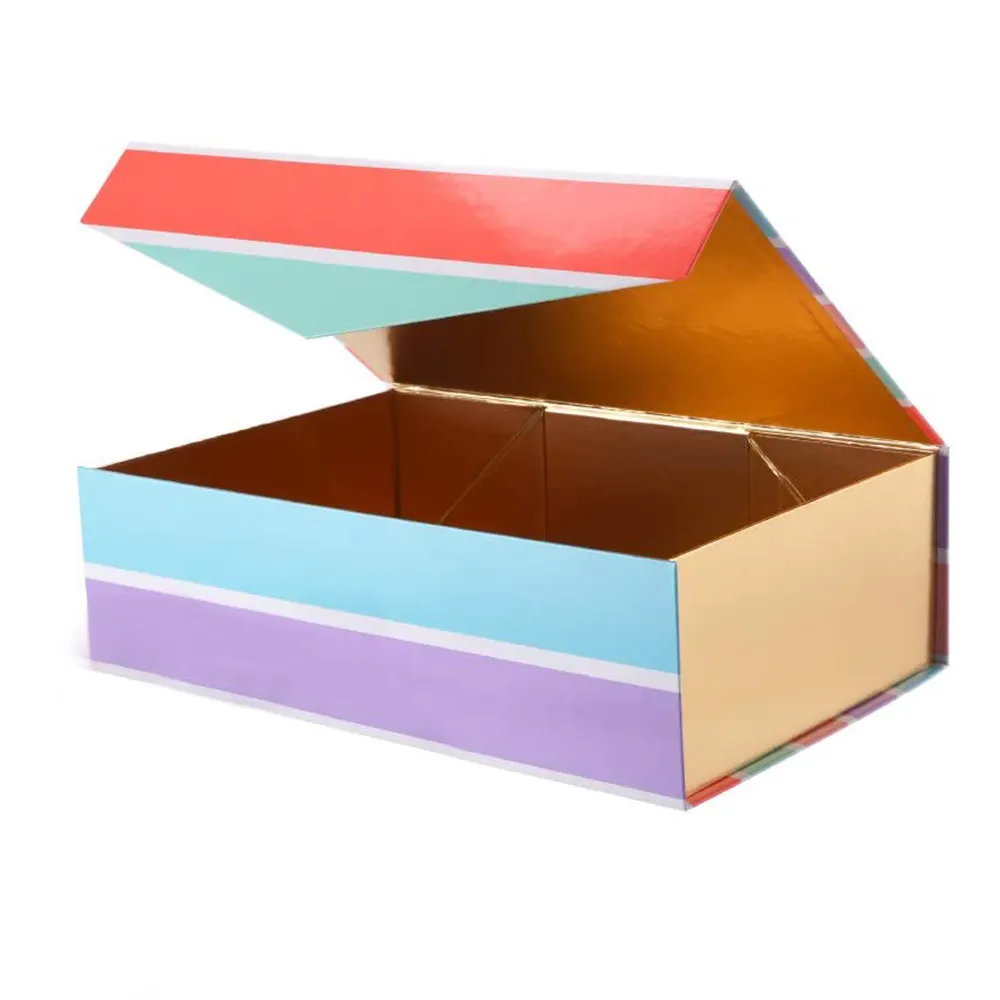 Özel Logo gökkuşağı renk mıknatıs katlanır lüks sert ambalaj buket hediye kutusu