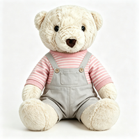 Adorable Ours en Peluche Crème Doux avec Chemise Rayée et Salopette Grise, Jouet en Peluche Personnalisé en Coton PP