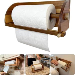 Wooden <b>kitchen</b> <b>paper</b> towel holder, wall-mounted roll <b>paper</b> storage rack, solid wood multi-purpose cling film storage bracket - Product Image 3