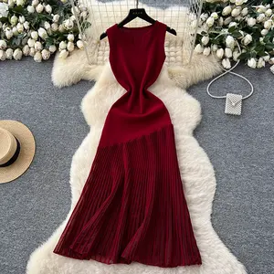 فستان صيفي أنيق بتصميم عتيق متوسط الطول ذو لون موحد مع طيات، فستان نسائي مثير محبوك غير متماثل بشبكة، أنيق ورشيق بأسلوب خيالي على الطراز الكوري البوهيمي العصري - Product Image 1